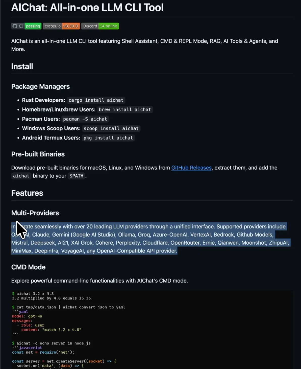The AIChat README with install commands