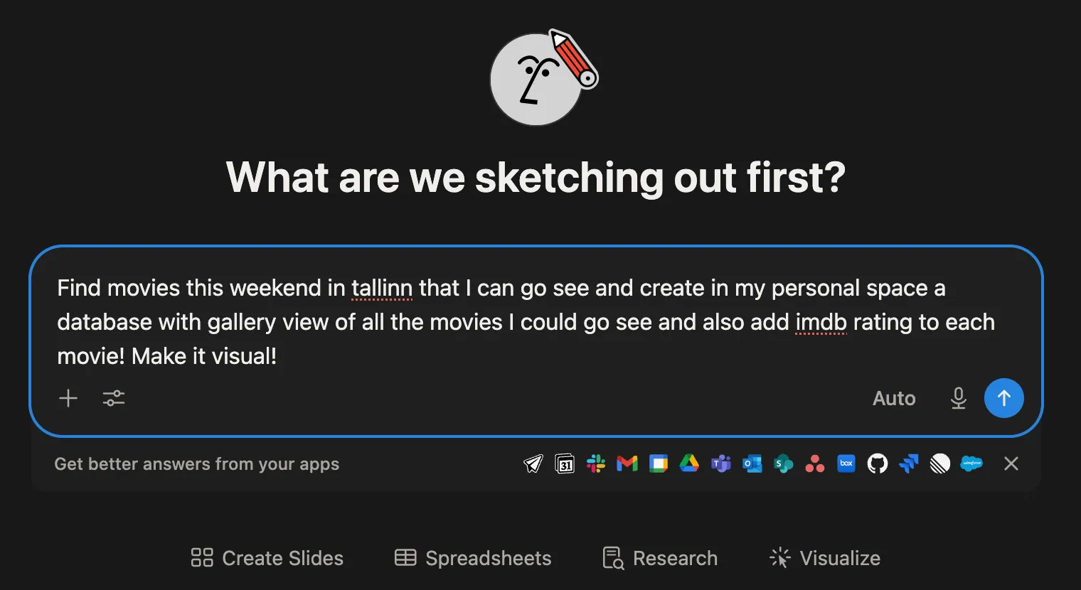 The Notion home screen with a one-line request typed into it