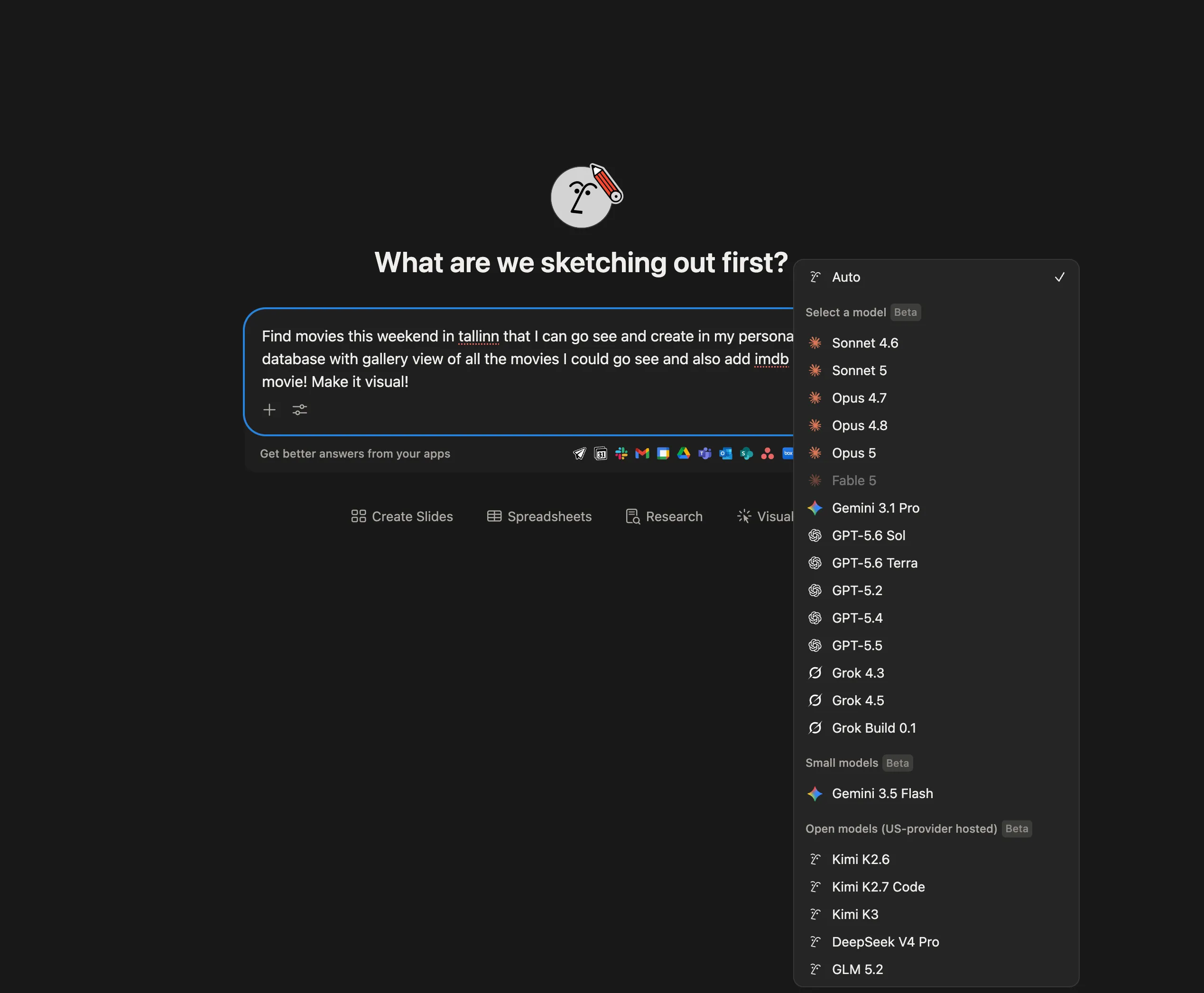 Notion's model picker, listing models from several providers including an open-models section