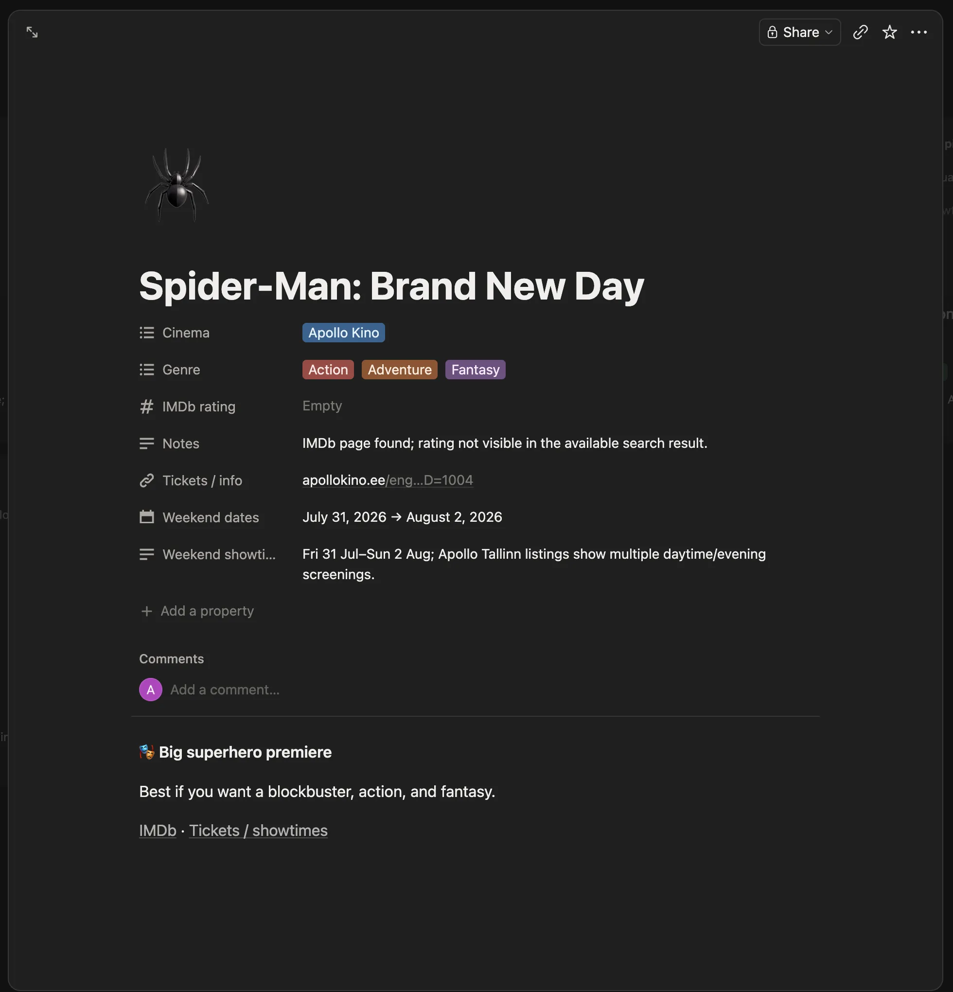 The database Notion produced, with the schema it invented visible on one film