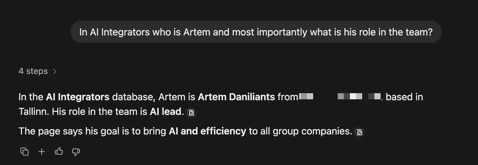 A question about a person's role, answered from the company's own pages with sources cited