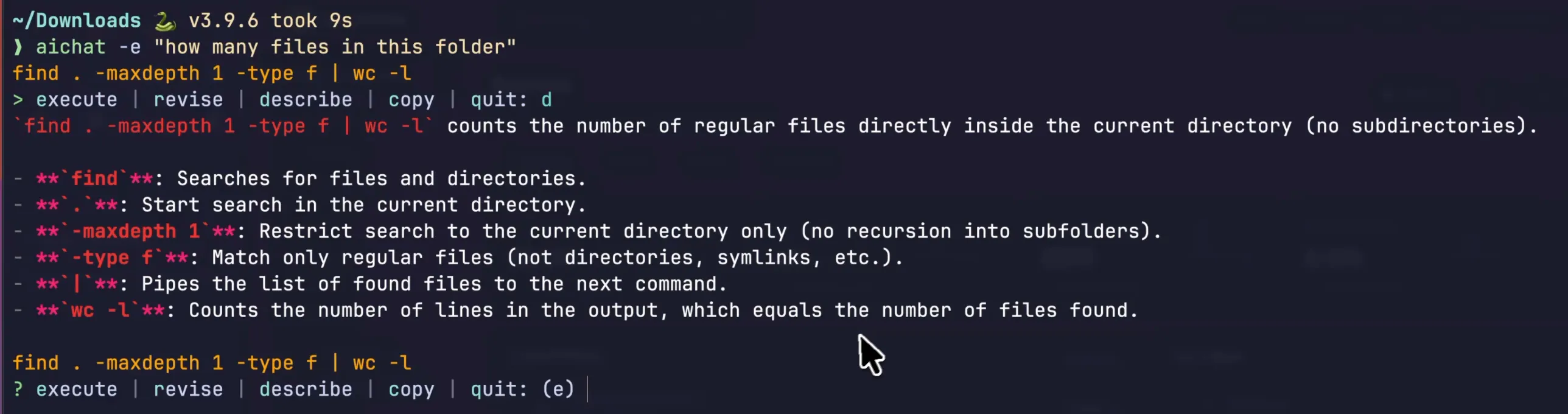 Describe mode explaining the generated command
