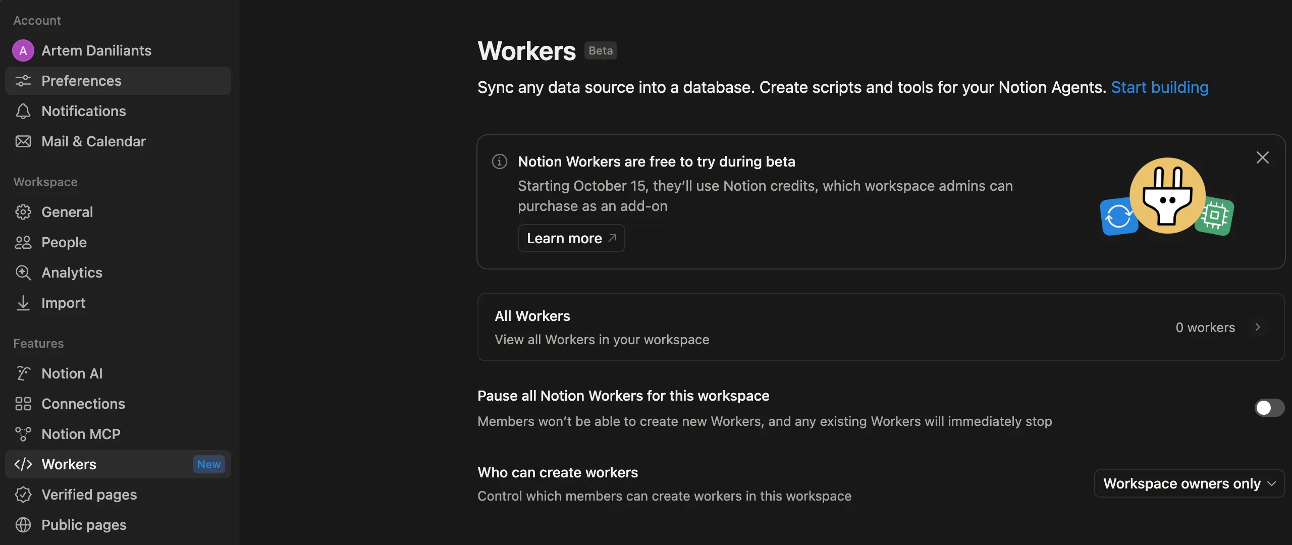 The Workers settings page, showing the beta notice and its pricing change date