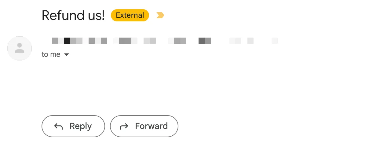 Screenshot of the extortion email, subject 'Refund us,' body empty