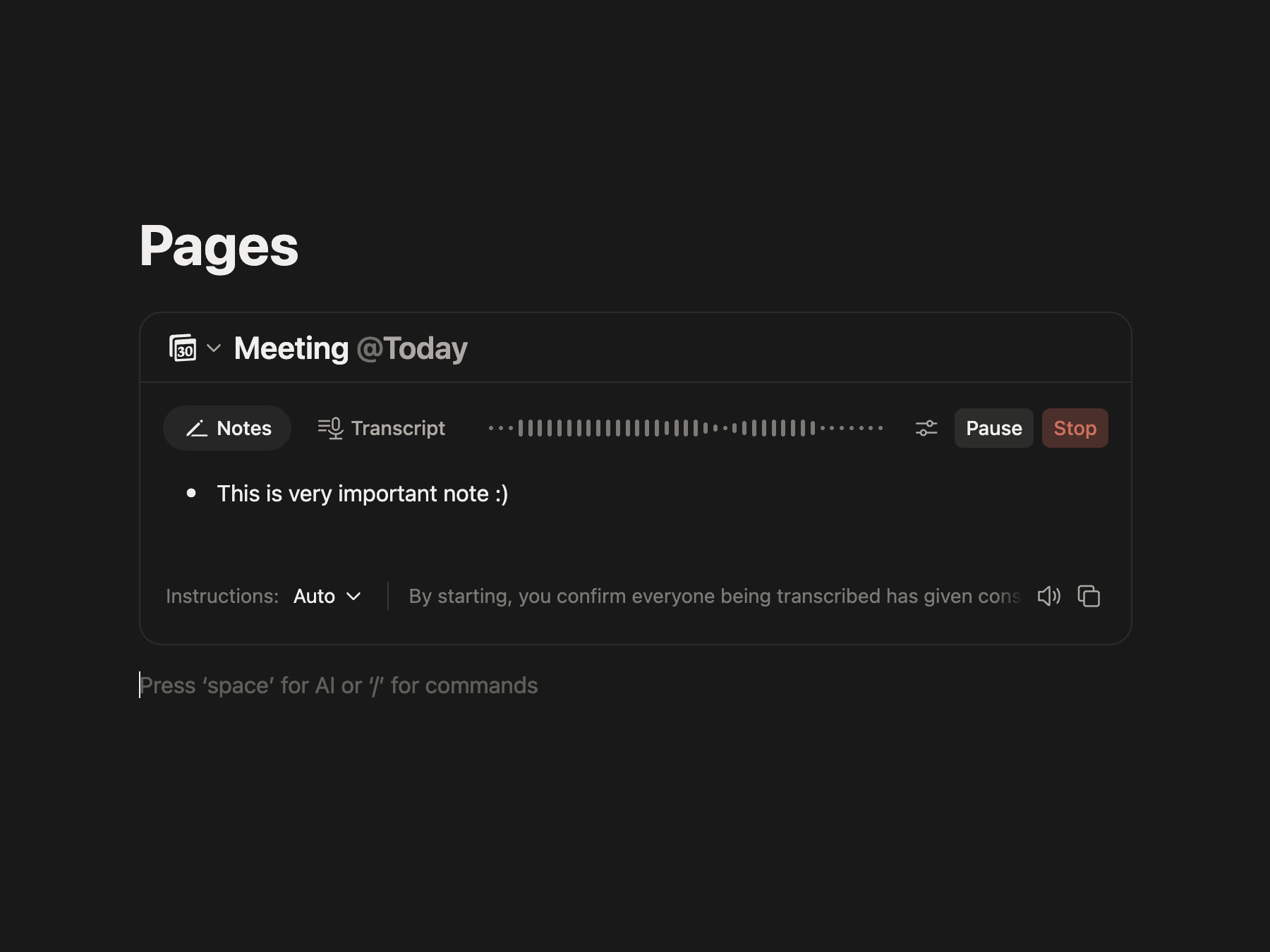 A meeting being transcribed live on a Notion page, with a note typed during the call