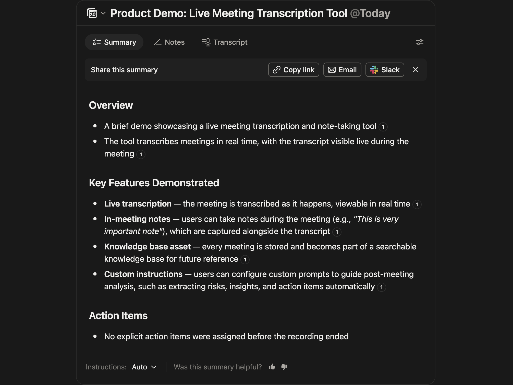 The generated summary of the meeting, with overview, key features and action items