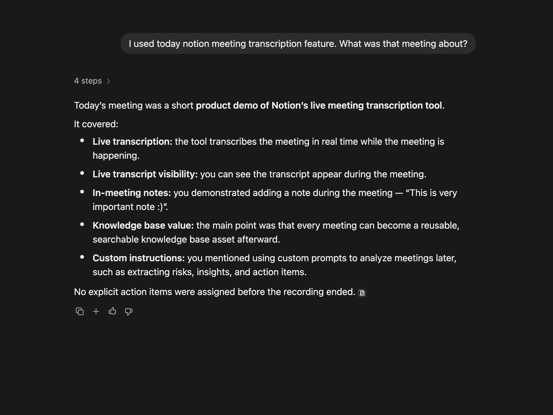 Asking the chat what a recorded meeting was about, and getting an answer from the transcript