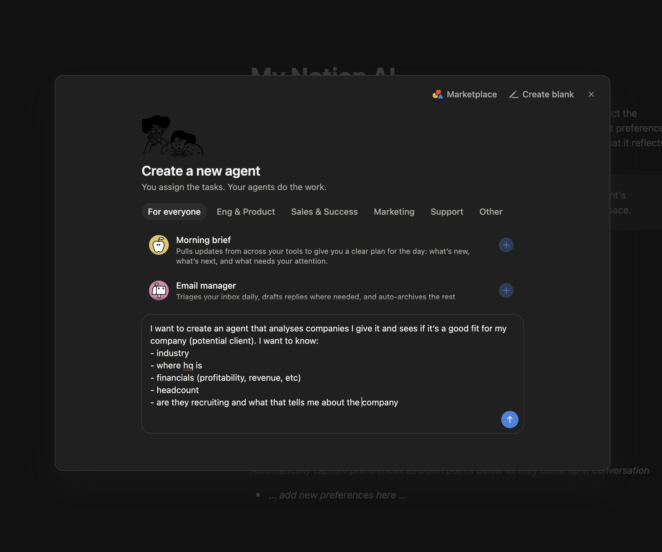 The create-an-agent screen with a plain-language description typed into it
