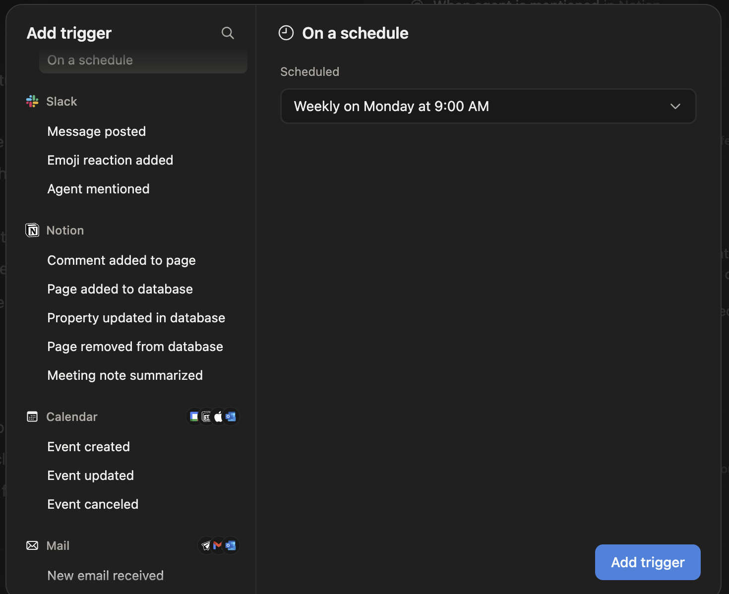 The trigger picker, offering schedule, Slack, Notion and calendar and mail events