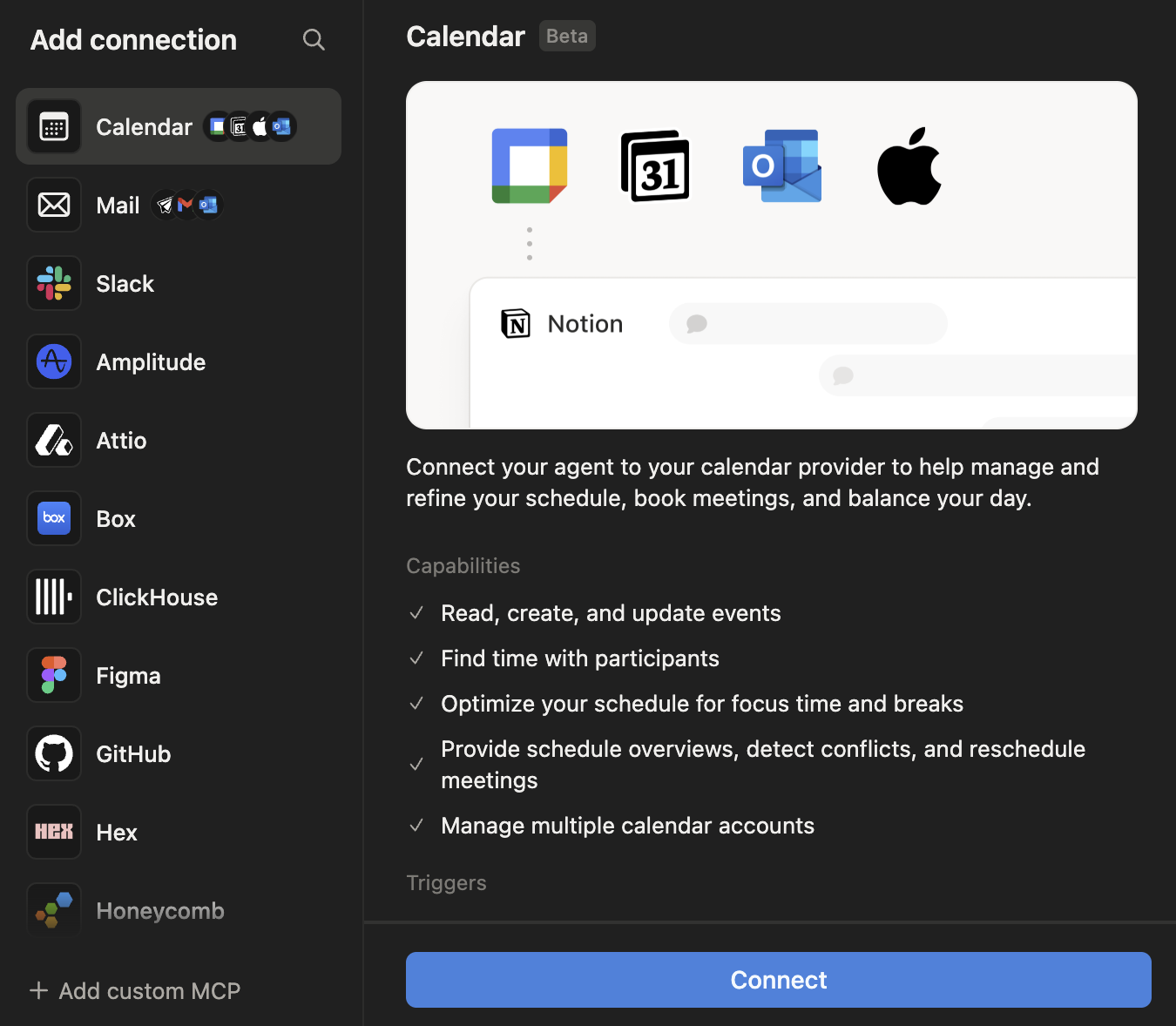 The connections panel listing Slack, ClickHouse, Figma, GitHub and others, plus custom MCP
