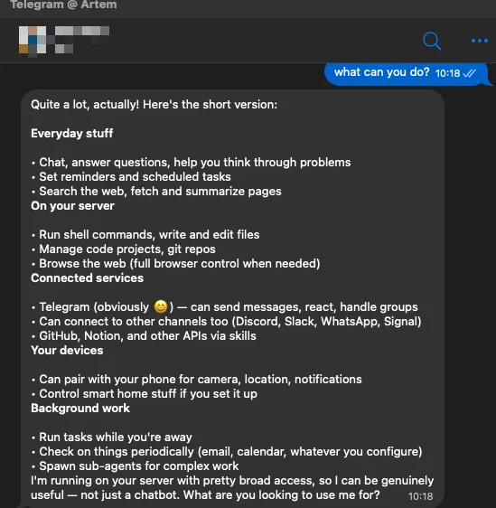 Kent bot interface showing OpenClaw capabilities